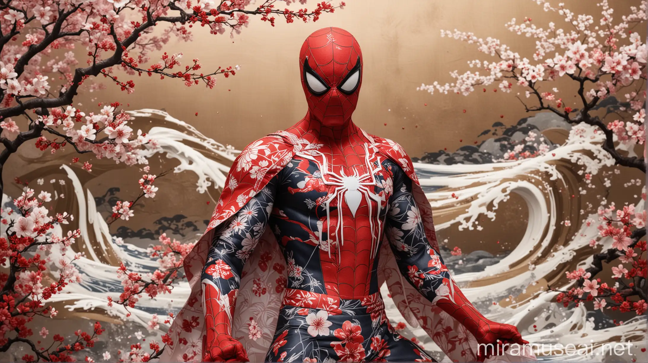 Spiderman Inspired by Japanese Kimono Patterns with Sakura Flowers