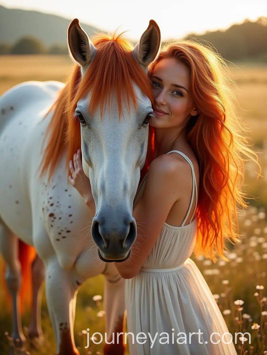 Redhaired-Woman-Embracing-a-Speckled-White-Horse-in-a-Sunlit-Meadow