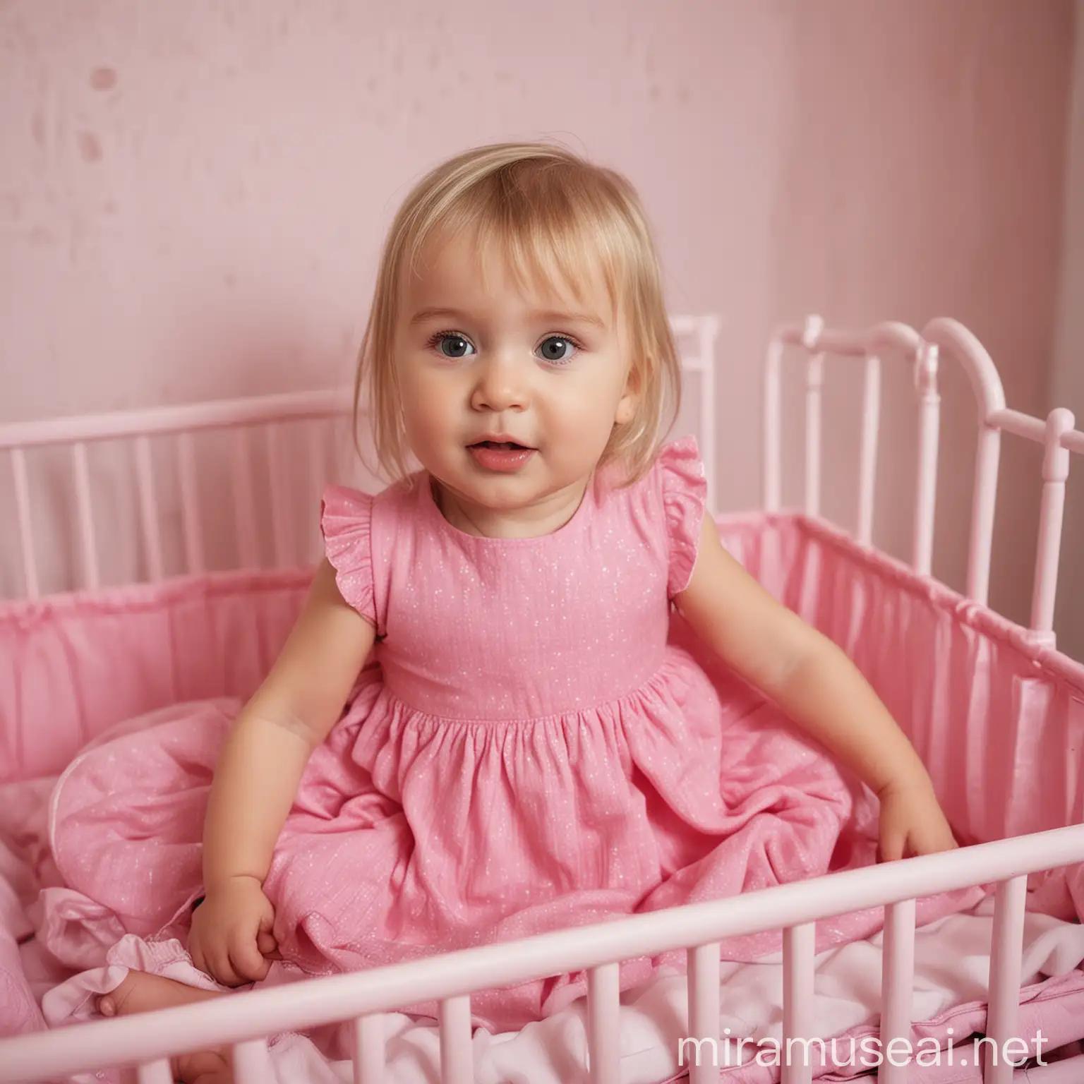 Adorable Baby Girl in Long Blonde and Pink Dress Sitting in Pink Cot