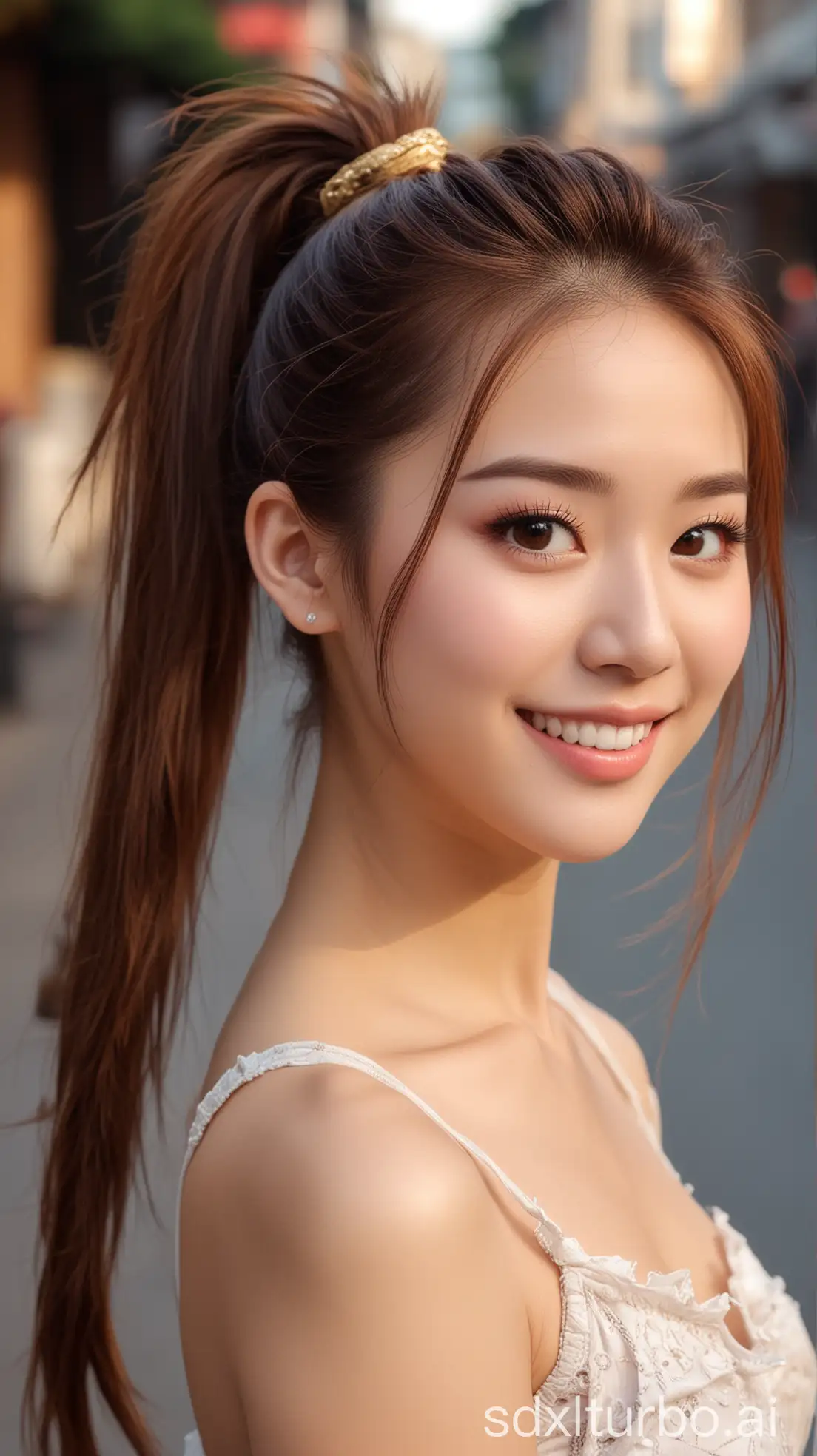 Chinese beauty, ponytail hairstyle, sexy sweet smile, brown hair, fair skinnFull makeup, eye makeupnWalking on the street