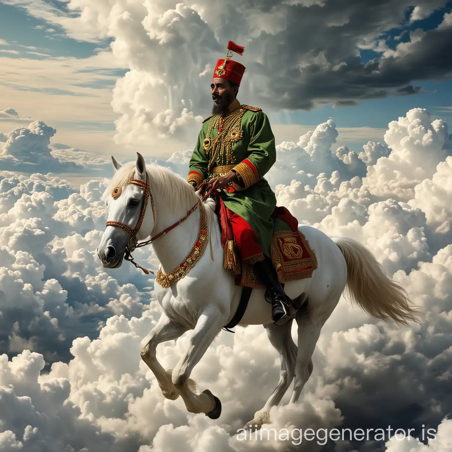 Haile Selassie riding a white horse in the clouds