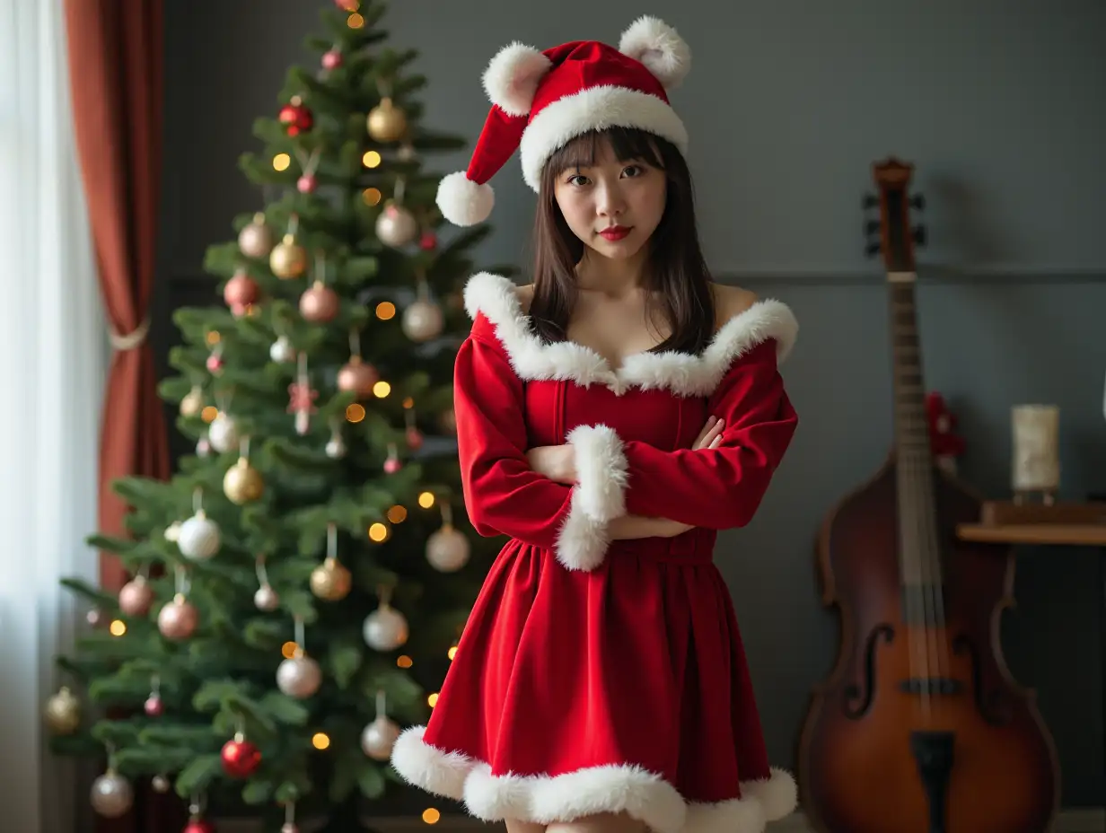 A 17 years old Japanese girl standing against a gray wall and christmas tree, wearing a red dress no bra with white fur trim, reminiscent of a Santa Claus outfit. She is also wearing a black ankle boots.  The individual is posing with one leg crossed over the other and arms crossed. The background is a warm liveroom. This festive attire suggests a holiday or Christmas theme, and the bear ears on the hat add a playful touch to the traditional Santa Claus costume. The photo is no noise and super clean. 8K, masterpiece, Bright sunlight pours in, vintage feel, slight vignette, subsurface scattering effect, sharpness.