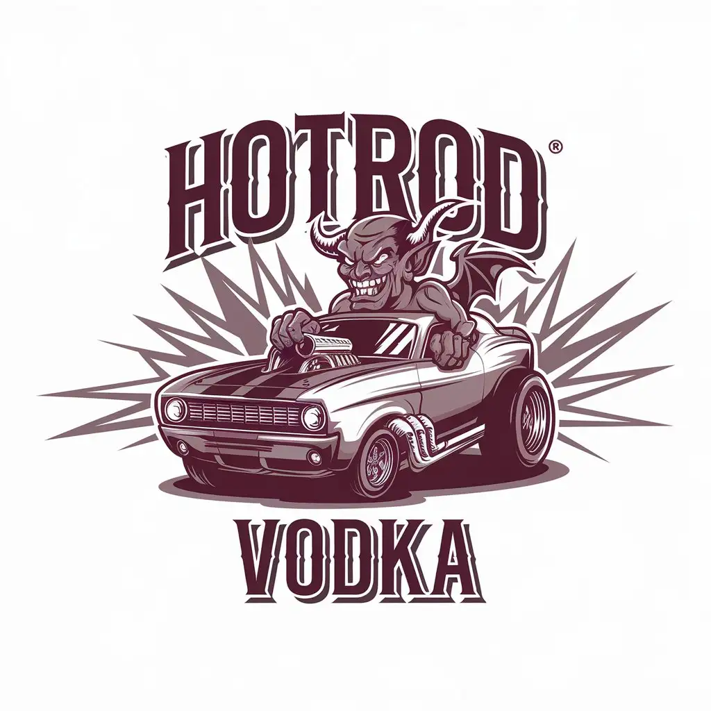 LOGO Design for HOTROD VODKA Cartoon Demon Driving a Hot Rod with Drive Fast Die Young Theme