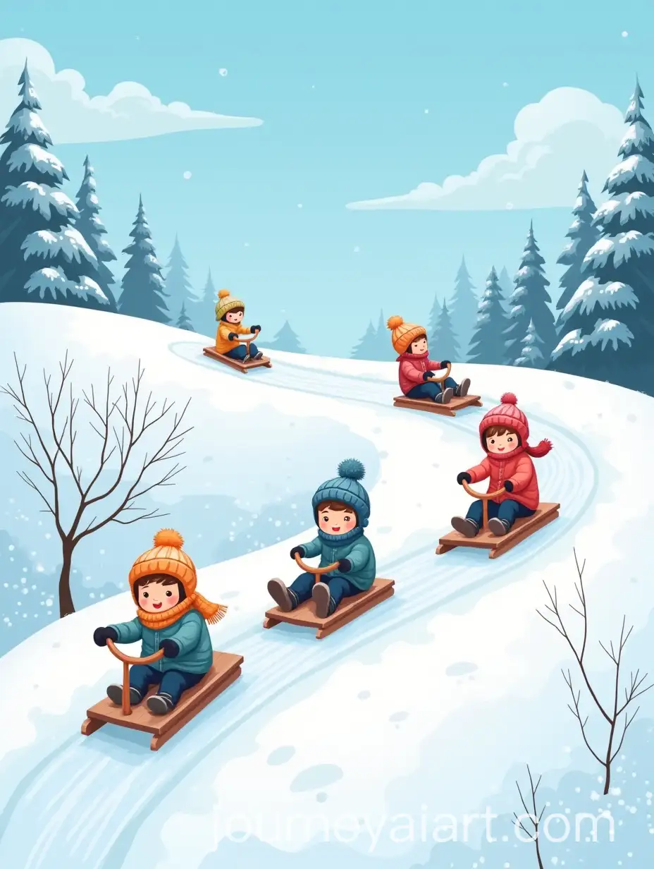 Children-Enjoying-a-Joyful-Sledding-Day-on-a-Snowy-Hill