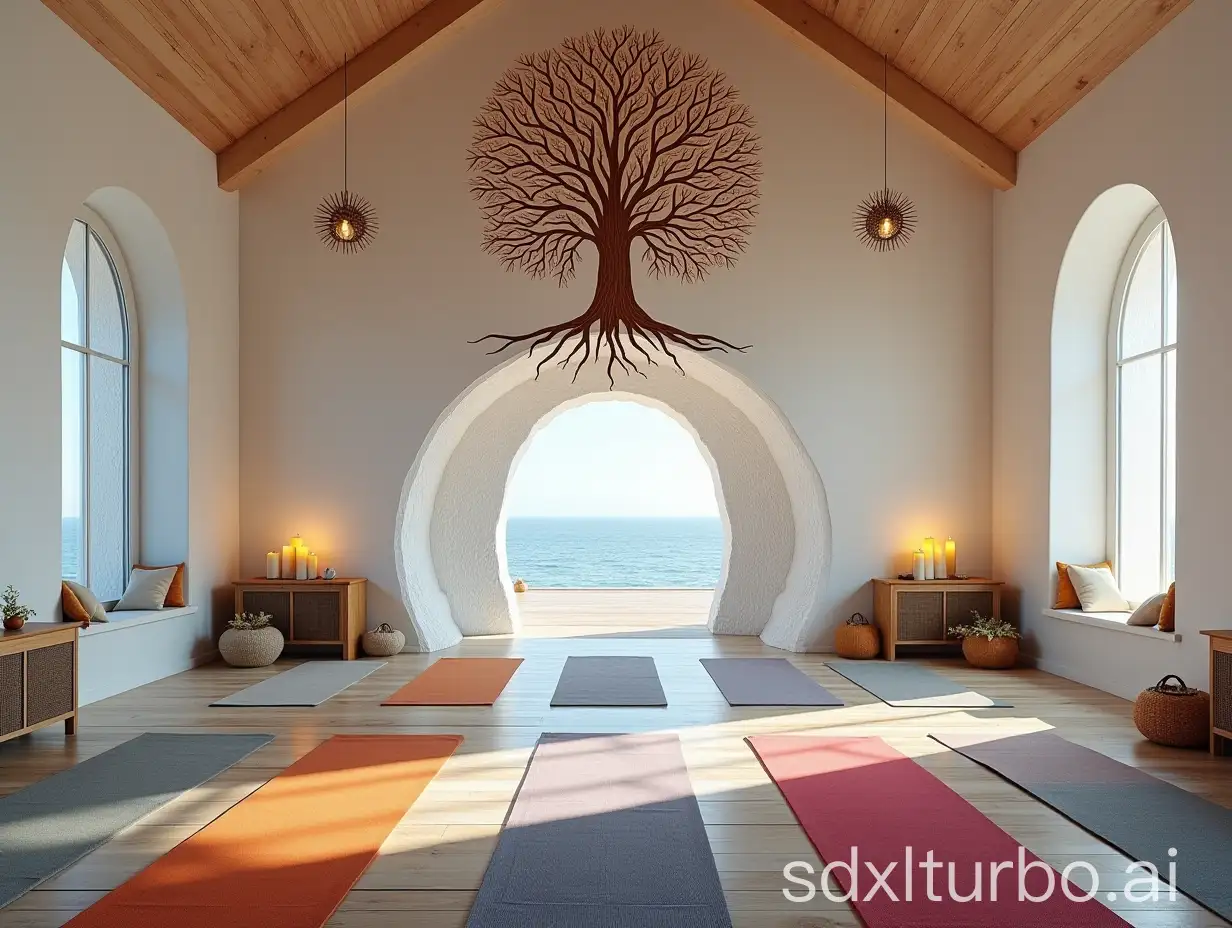 Stylish-Yoga-Temple-with-Tree-Wall-Painting-and-Colorful-Mats