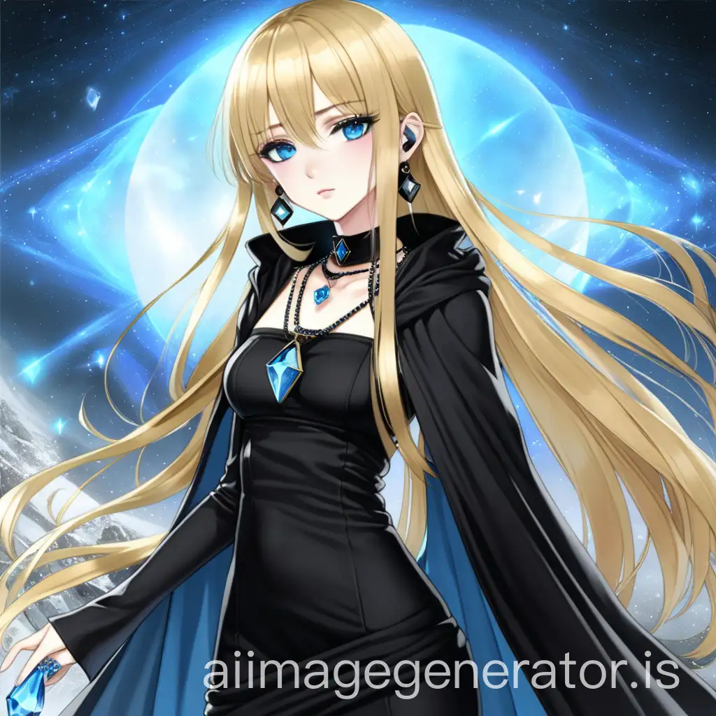 Anime girl with long blond hair and sky blue eyes wearing a long black dress, black leggings, blue crystal necklace/chocker, small gold earrings, black cloak, and black high heel boots.