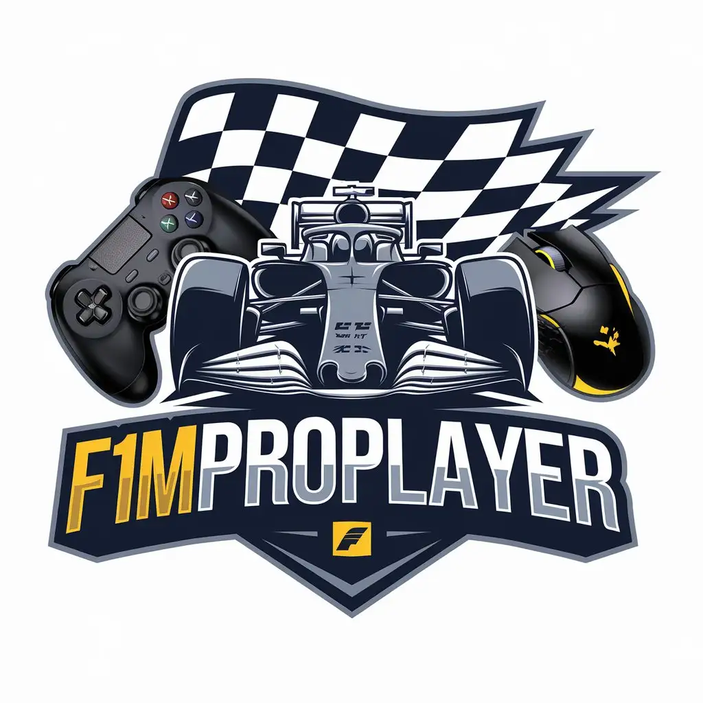 LOGO-Design-For-f1mproplayer-Stylized-F1-Car-and-Gaming-Elements-in-Black-Dark-Blue-and-Yellow-Palette