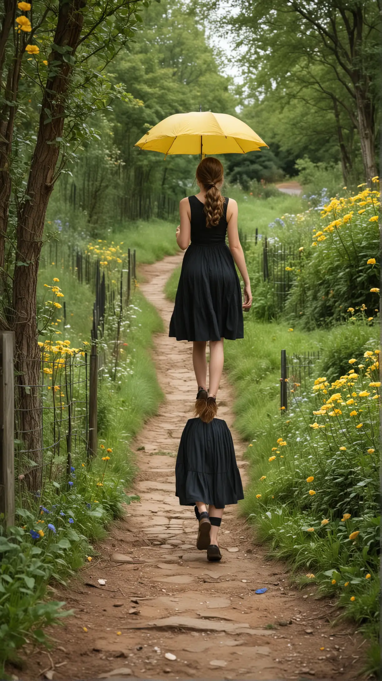 Vintage Teenage Girl Walking Up Hill with Yellow Umbrella