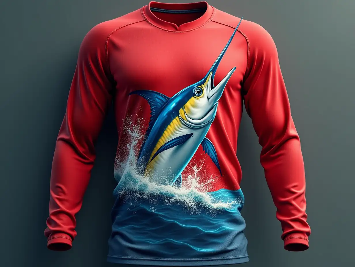 Retro jersey, long sleeves, red with a picture of a Marlin fish, on the chest curled above the sea waves, portrait realistic, 3DRendering 4K