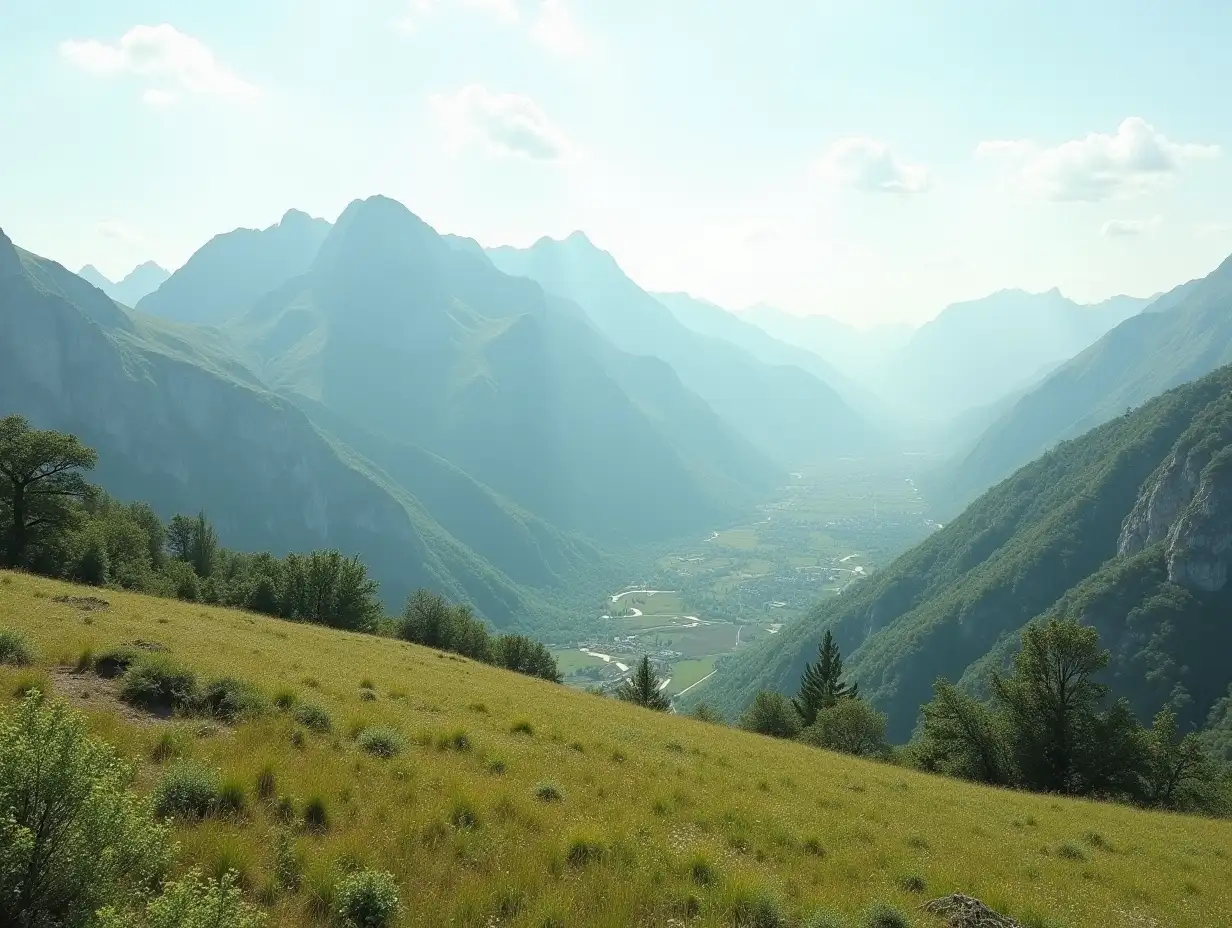 vast grassland covered with mountains, top view on the left