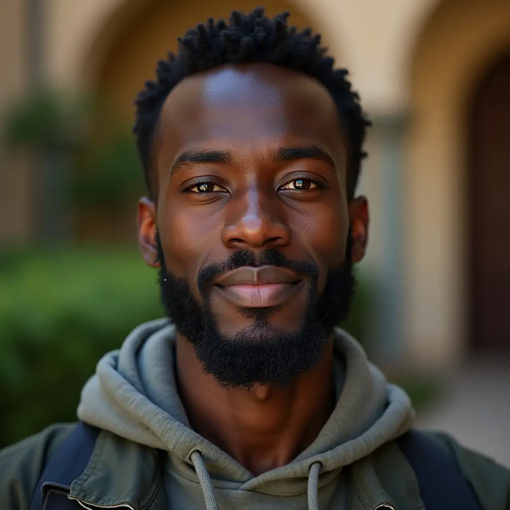 University ict assistant with tuscan gardens or library academic background. centered in frame. Close-up view showing head and upper torso. Realistic photographic style. Natural professional front light like a professional photo in a studio. Kenyan young adult man with beard and very dark skin.