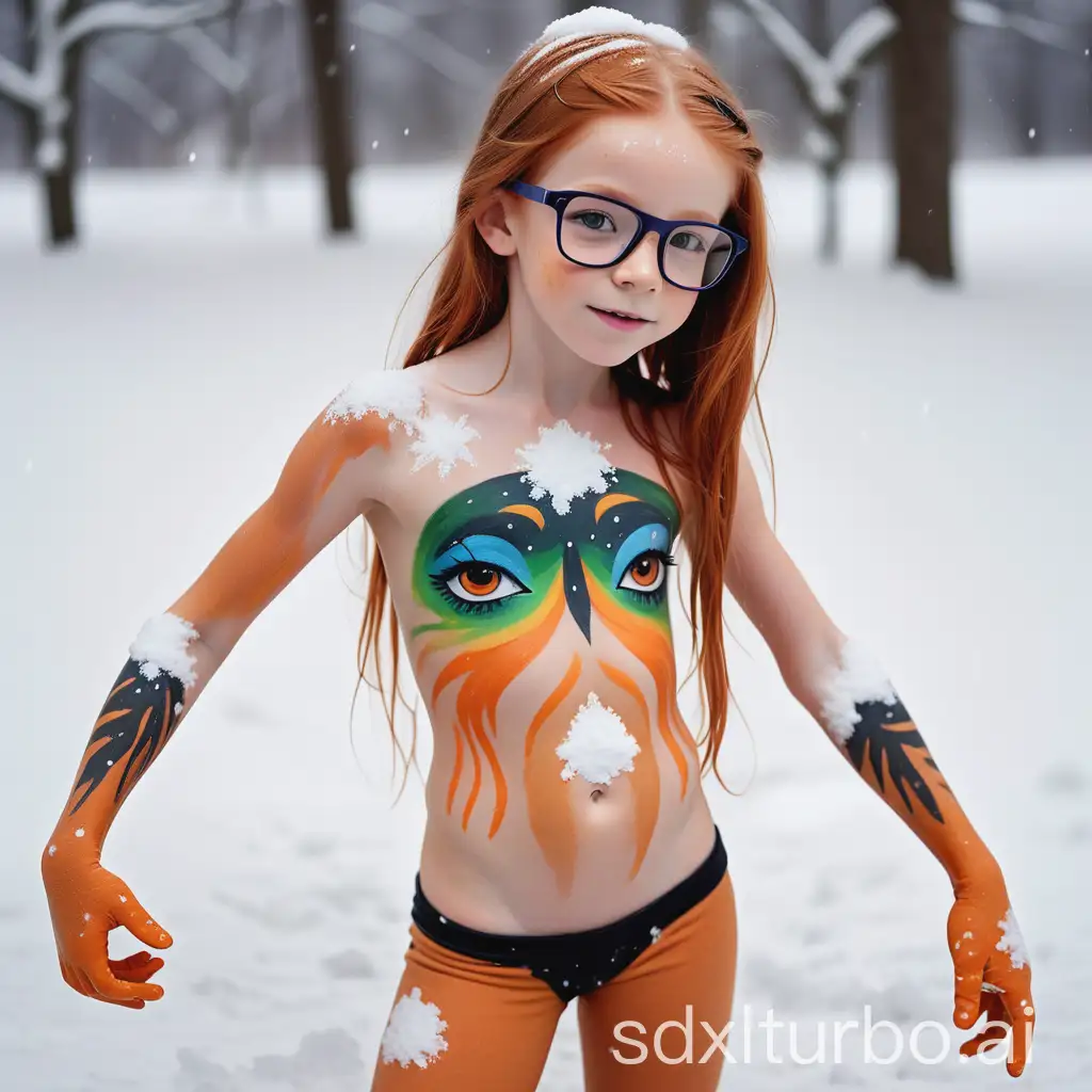 Young-Girl-with-Ginger-Hair-and-Body-Painting-in-Snowy-Landscape