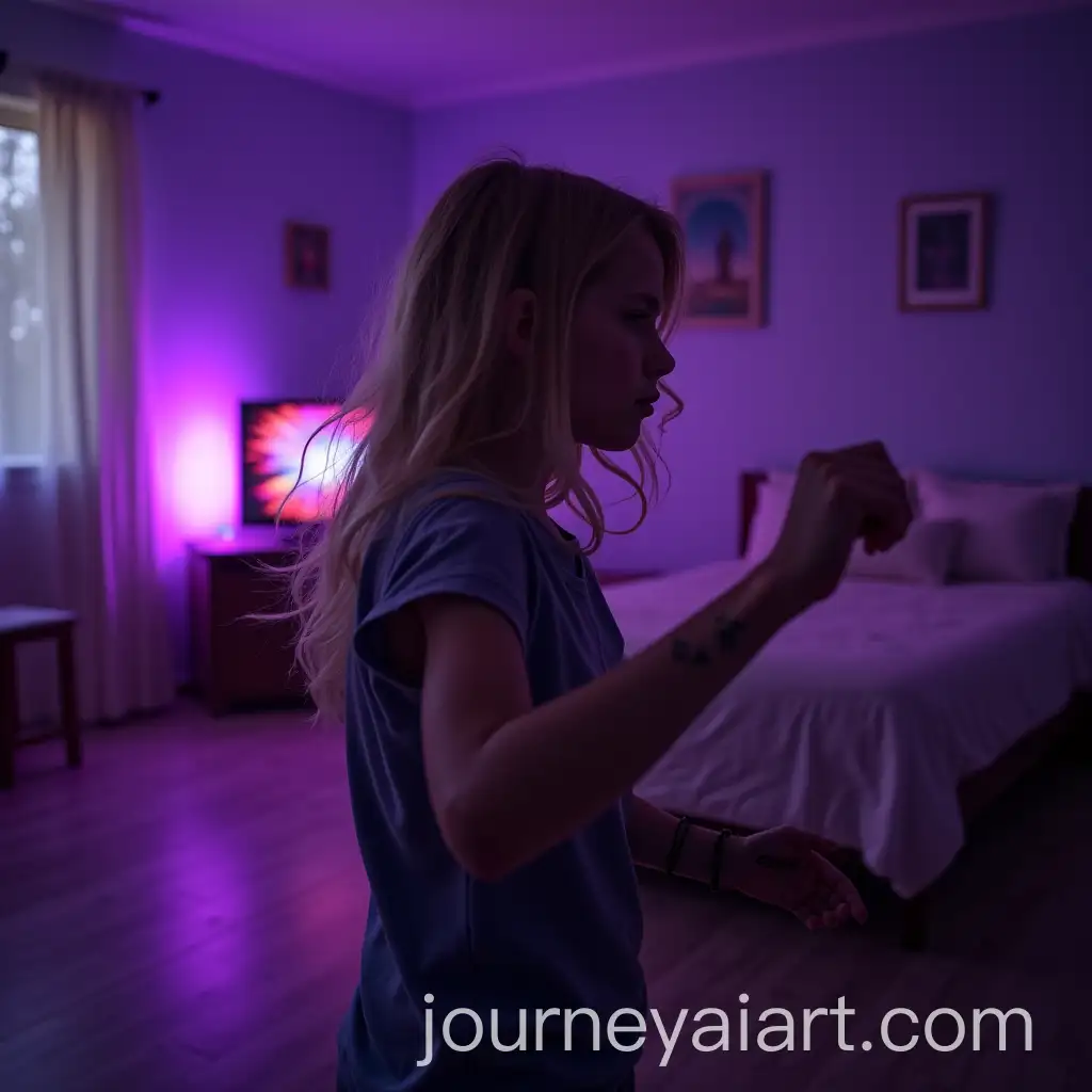Blonde-Girl-Dancing-in-Room-with-Violet-RGB-Lights-and-Bed-BackgroundAI-Image-Prompt-Expansion