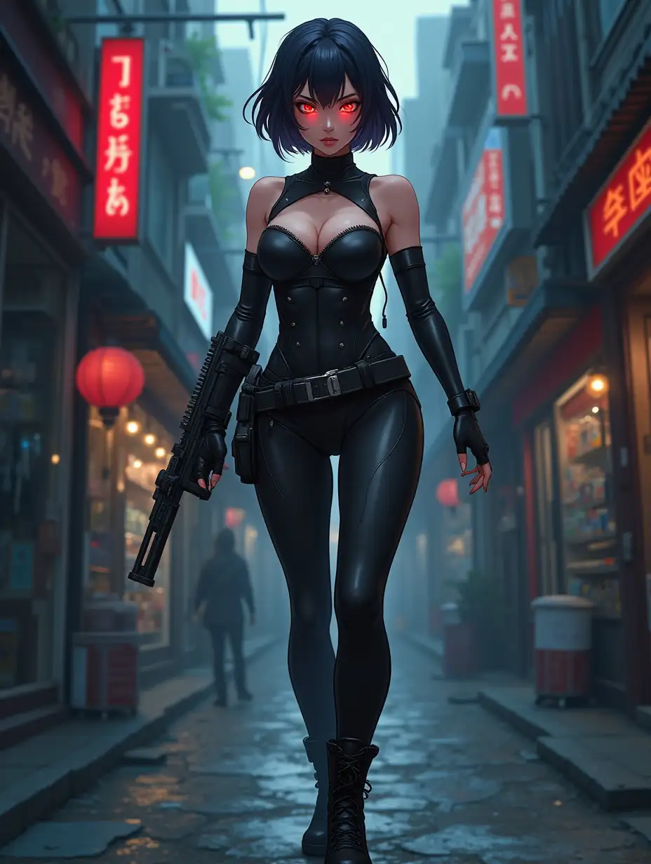 Short hair, mature Asian woman thief cyber runner in a dynamic full-length pose, eyes with red electronic pupils, large breast, extreme skintight body glove zipped down with cleavage, combat boots and combat belt. Full view of her body from boots up, low wide angle. Future store filled city alley street. Anime