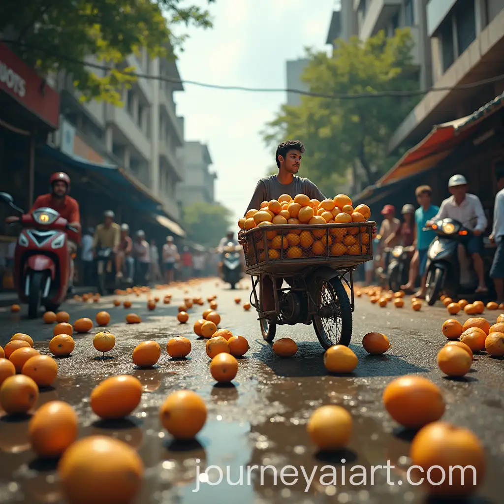 Bike-Crash-in-a-Crowded-Street-with-Mangoes-and-Oranges-Scattered-on-the-Road