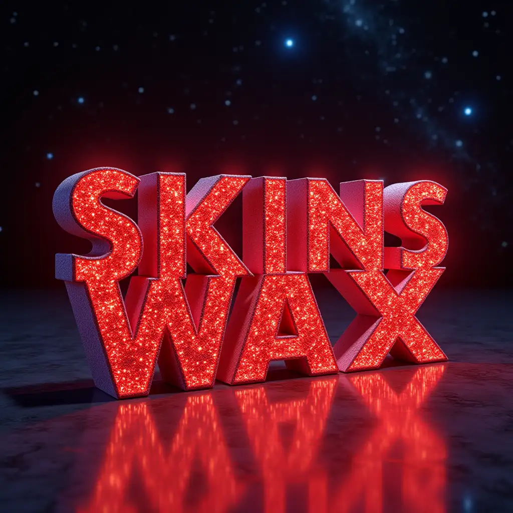 Art-object of large volumetric letters 'SKINS WAX', standing on a mirror surface. Letters decorated with sequins, sparkle and emit neon light red color. Mirror surface is cosmic depth with stars, comets, Milky Way, glow, flashes of fire, reflects letters and light that they emit. High detail