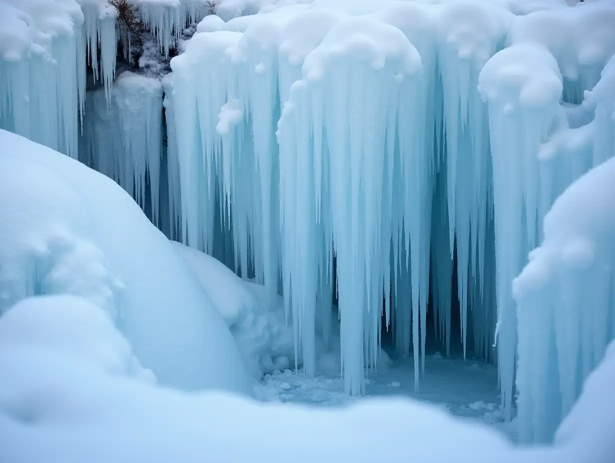 A forest of snow, flow of a small waterfall, frozen tiny icicles, drips flowing on ice pillars