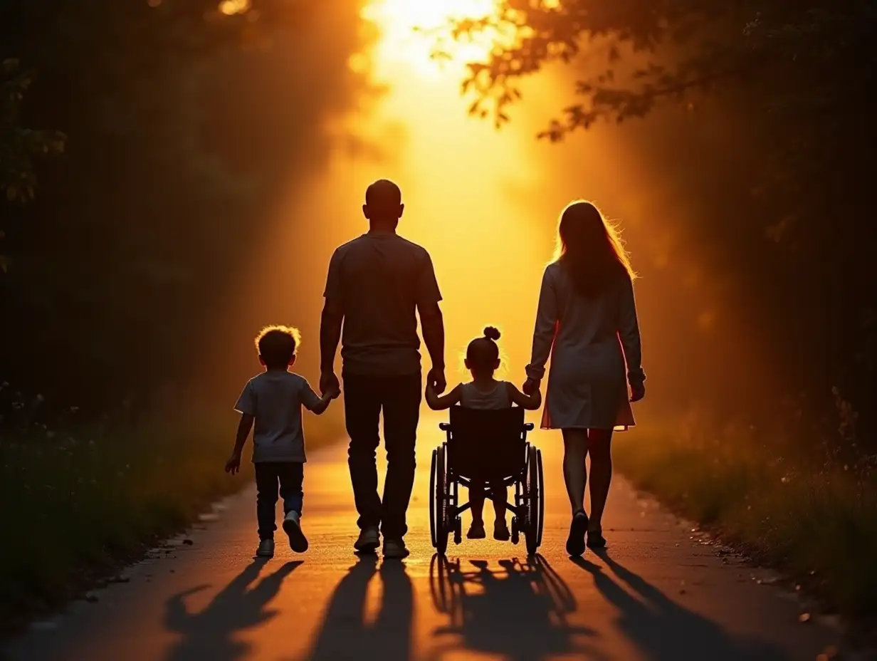 The image shows silhouette a family of four - a man, a woman, a girl, and boy - walking together, the girl is sitting in a wheelchair. They are walking on small road in wood area