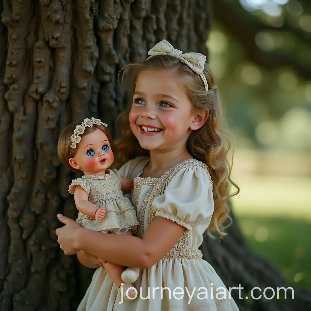 Grandmother-as-a-Child-Laughing-Under-an-Oak-Tree-Holding-a-Doll-with-Blue-Eyes