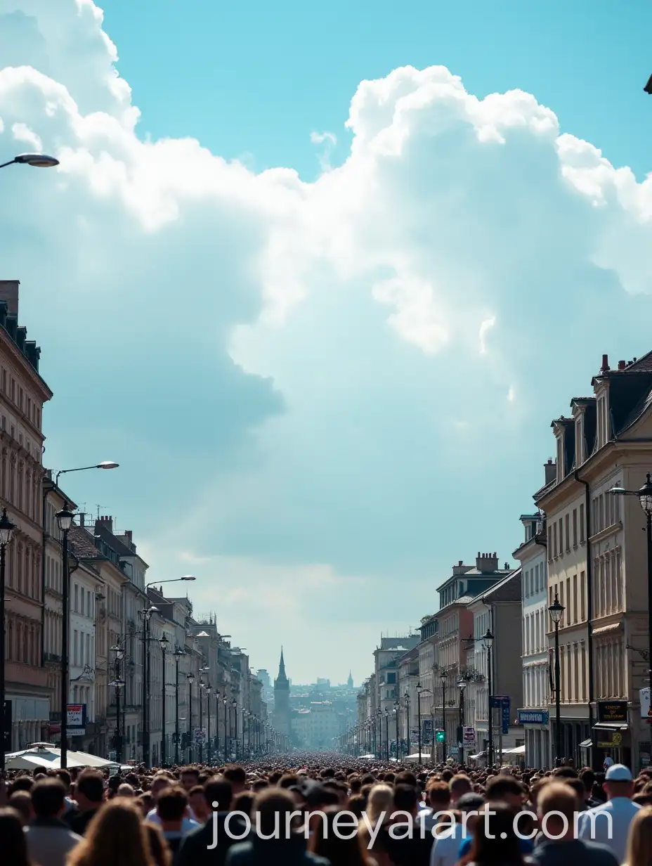 Crowd-of-People-Staring-at-Beautiful-Cloudy-Sky-in-Urban-Cityscape