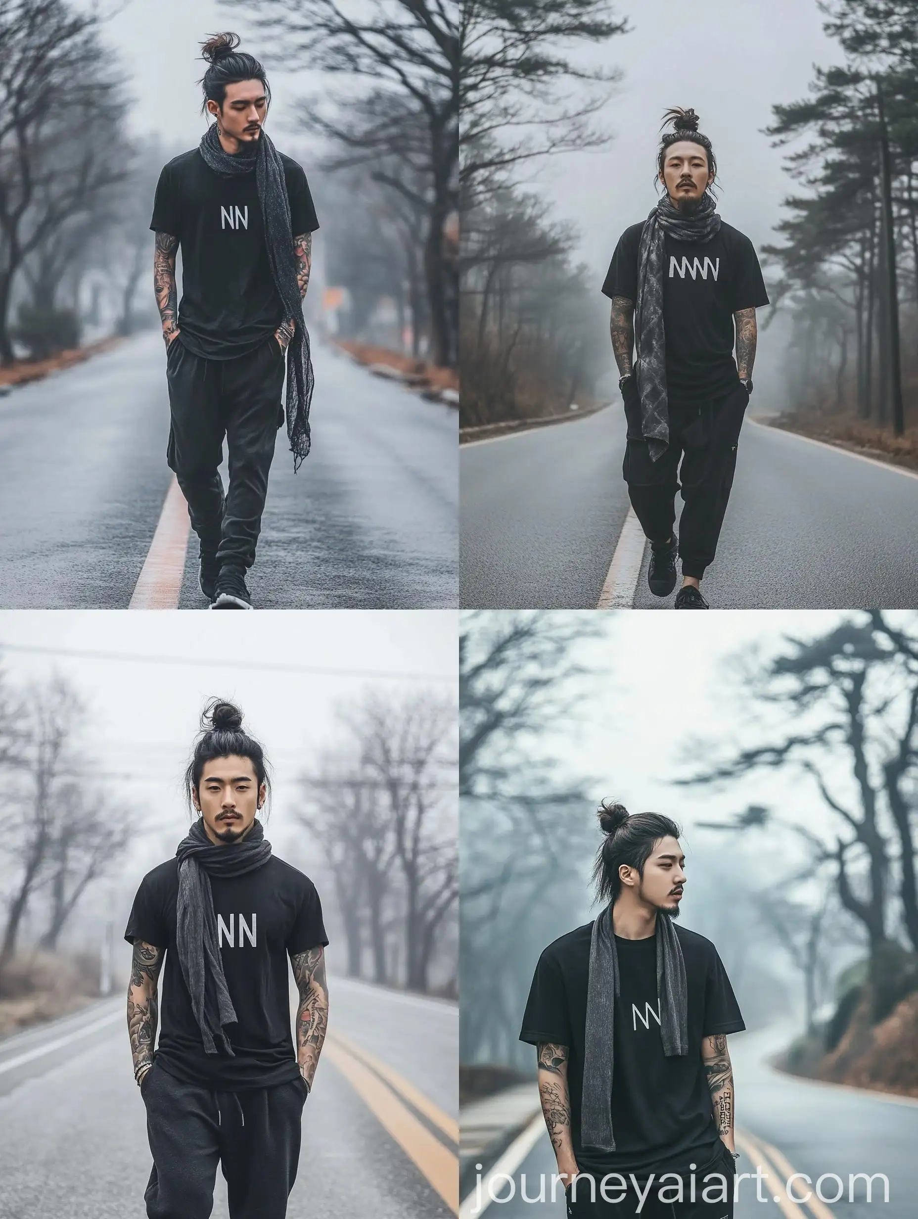 Lonely-Korean-Man-with-Tattoos-Walking-in-Foggy-Atmosphere