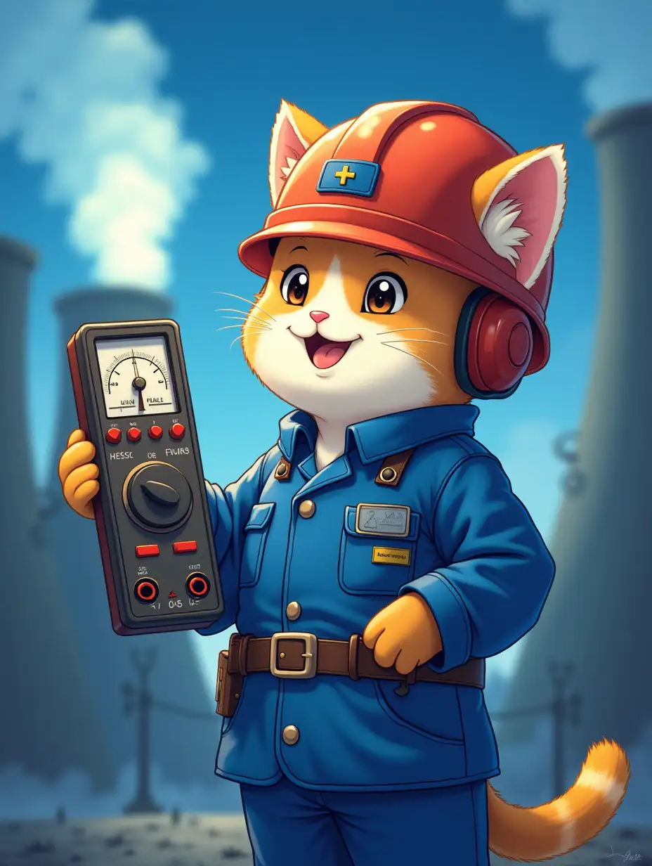 kawaii positive fluffy happy cat worker in a helmet, gloves and a blue electrician's work robe with an electric current meter in his hands, in the background: kawaii positive nuclear power plant in an atmosphere of magical light, paint in anime style,  anime screencap, studio ghibli style, illustration, high contrast, masterpiece, best quality