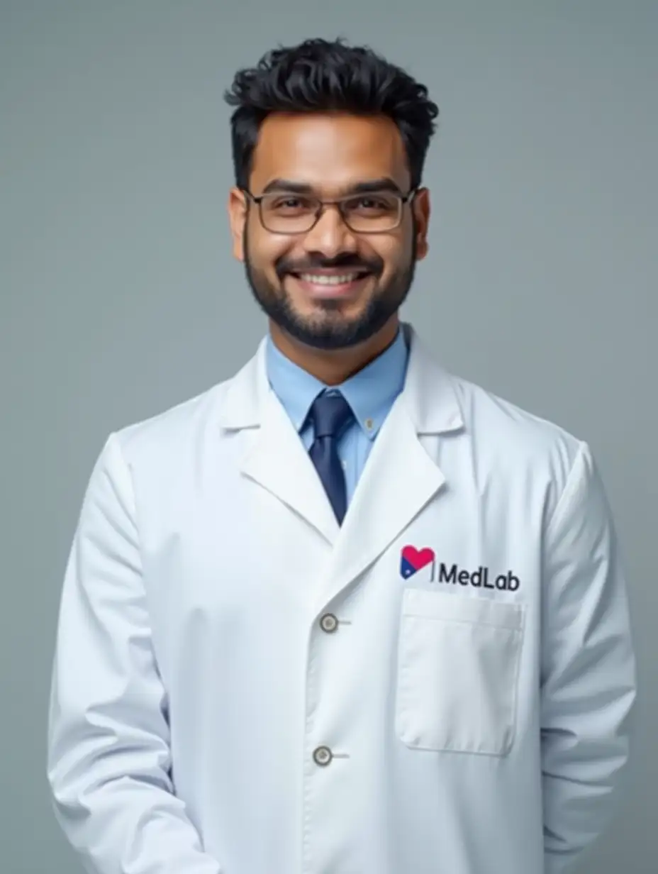 the image of a healthy, fit, and smart Indian health professional, ideal for use as a brand ambassador. Realistic, hd, vector image, logo of medilab on white coat.