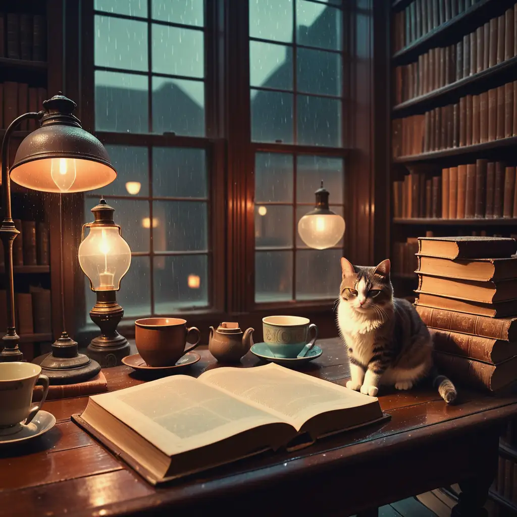 Cozy-Nighttime-Library-with-Vintage-Lighting-and-Steaming-Tea