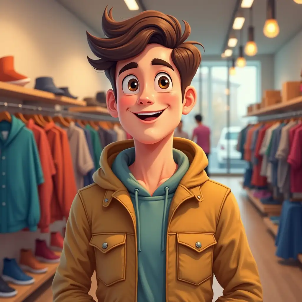 Create an avatar of a young adult man in a cartoonish manner with a smiling face. Attending a clothing store