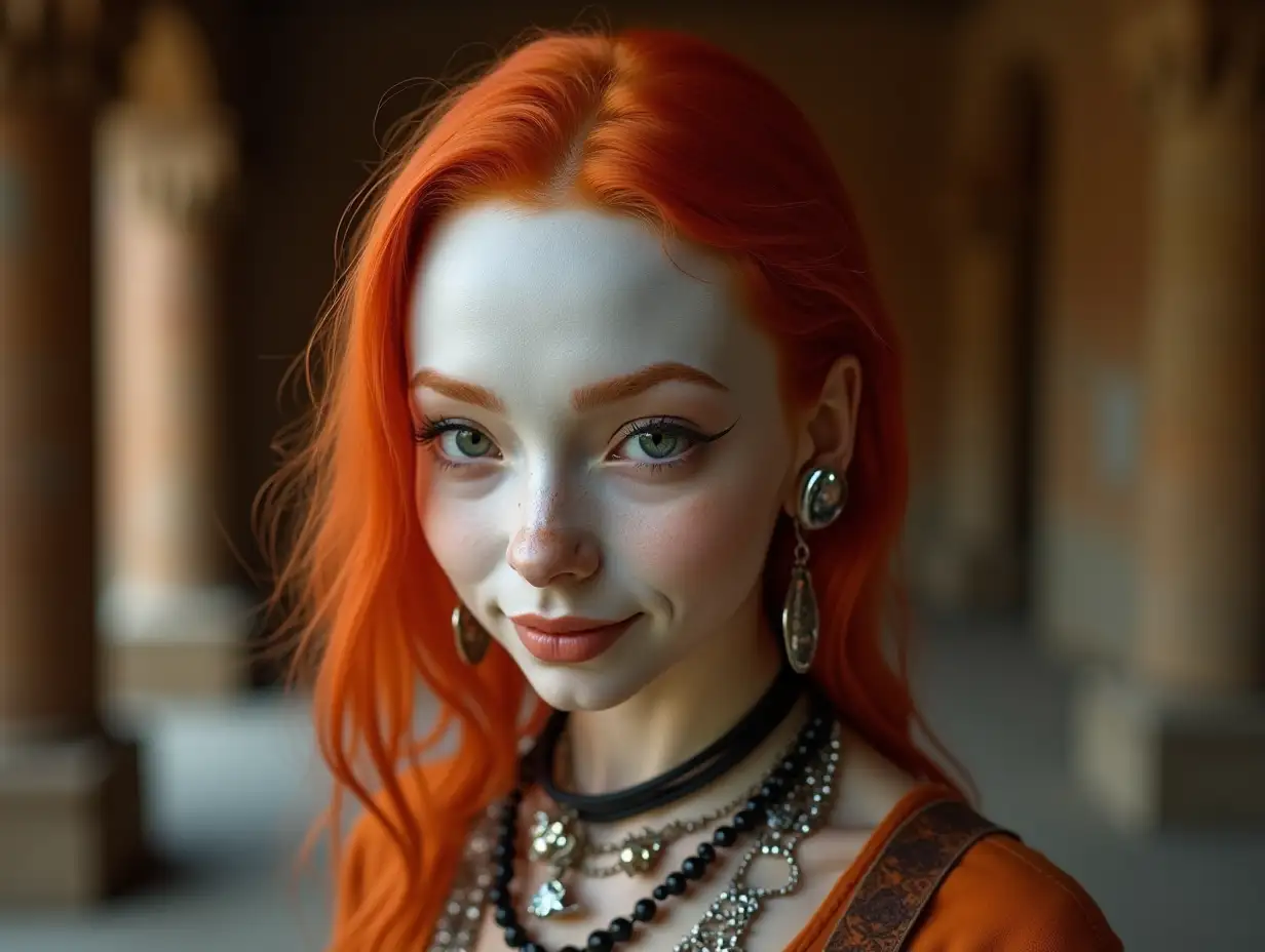 young black girl with white face, alien face, orange hair, with a slight smile on her face, accentuating her smile, modern retro jewelry, in a temple with rust and various shades of 4k