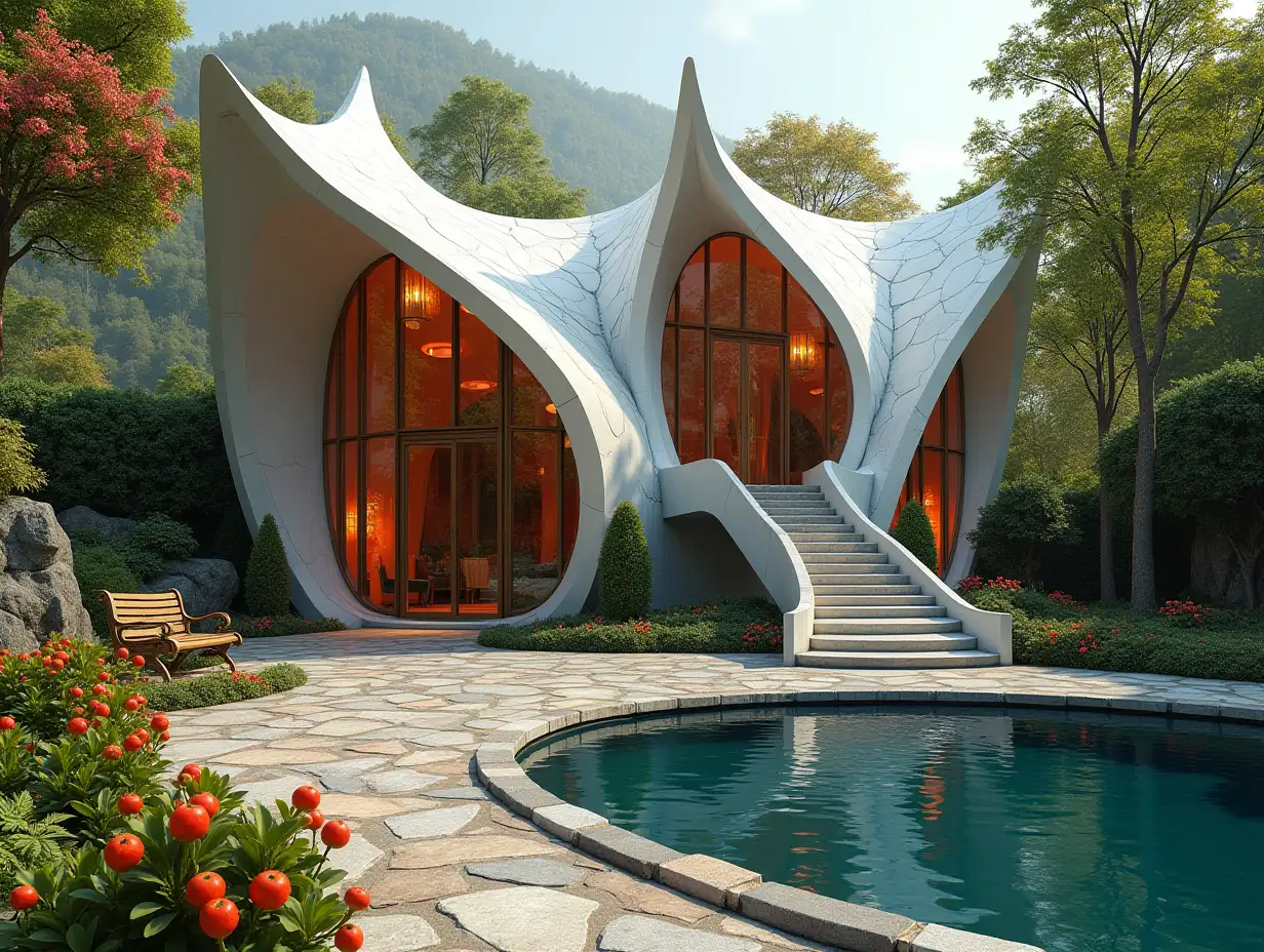 crooked house garden -with bronze statues with red ornamentation in the shape of triangular patterns, white roof, large windows with glass, curved, rough window shapes, winding grand marble entrance staircase a small waterfall complex curved roof with dikes, lanterns, bench apple tree 4K resolution colorful super wide-angle shots