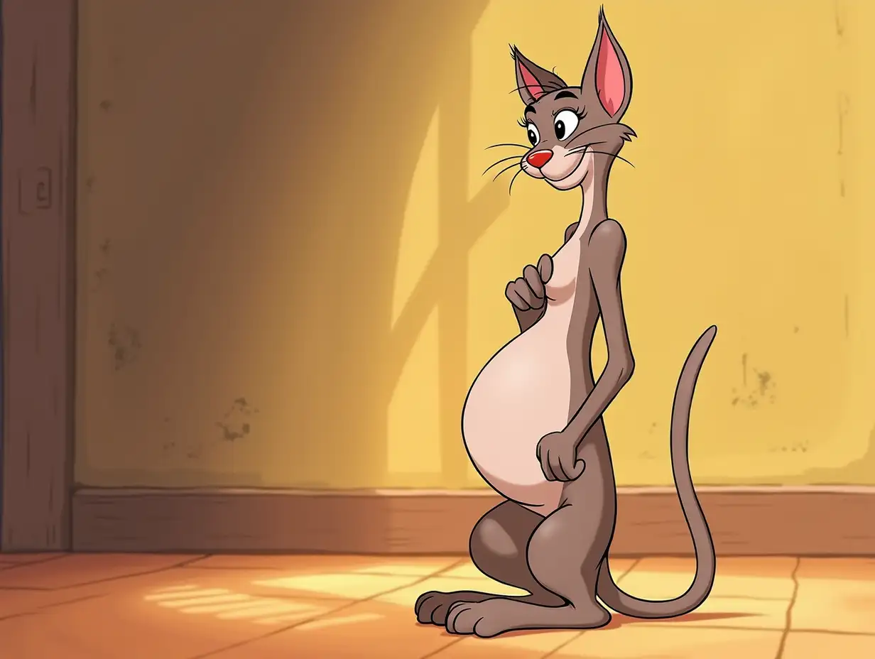 skinny cat with a pregnant belly, Disney storyboard