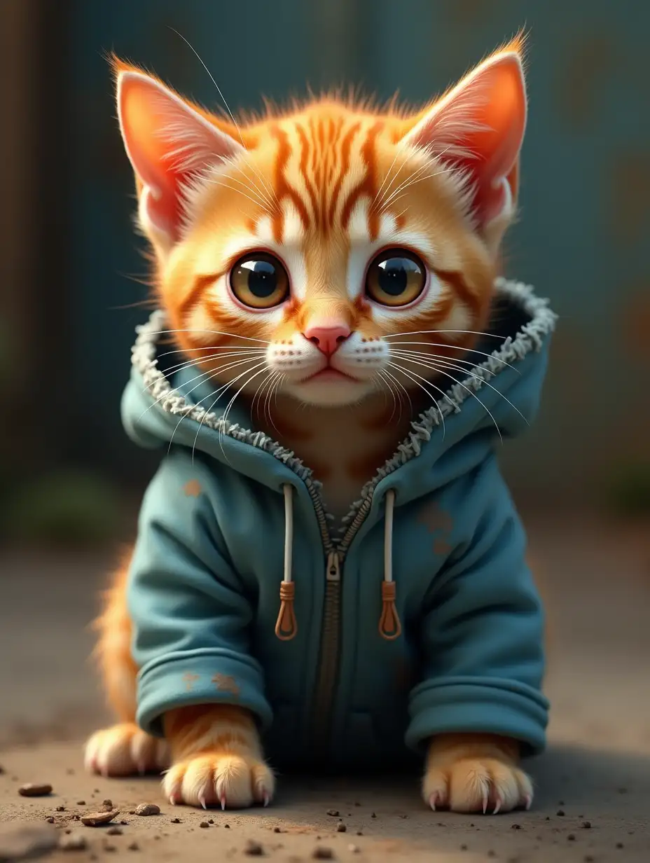 A highly detailed, realistic orange tabby kitten with large, expressive golden-brown eyes. The kitten has soft fur with natural stripes, small rounded paws, and slightly perked ears. It wears a tattered, worn-out blue hoodie with frayed edges and dirt stains, slightly oversized for its tiny frame. The cat is crying with tears rolling down its cheeks. Its eyes seems to be looking for its mother that is lost.