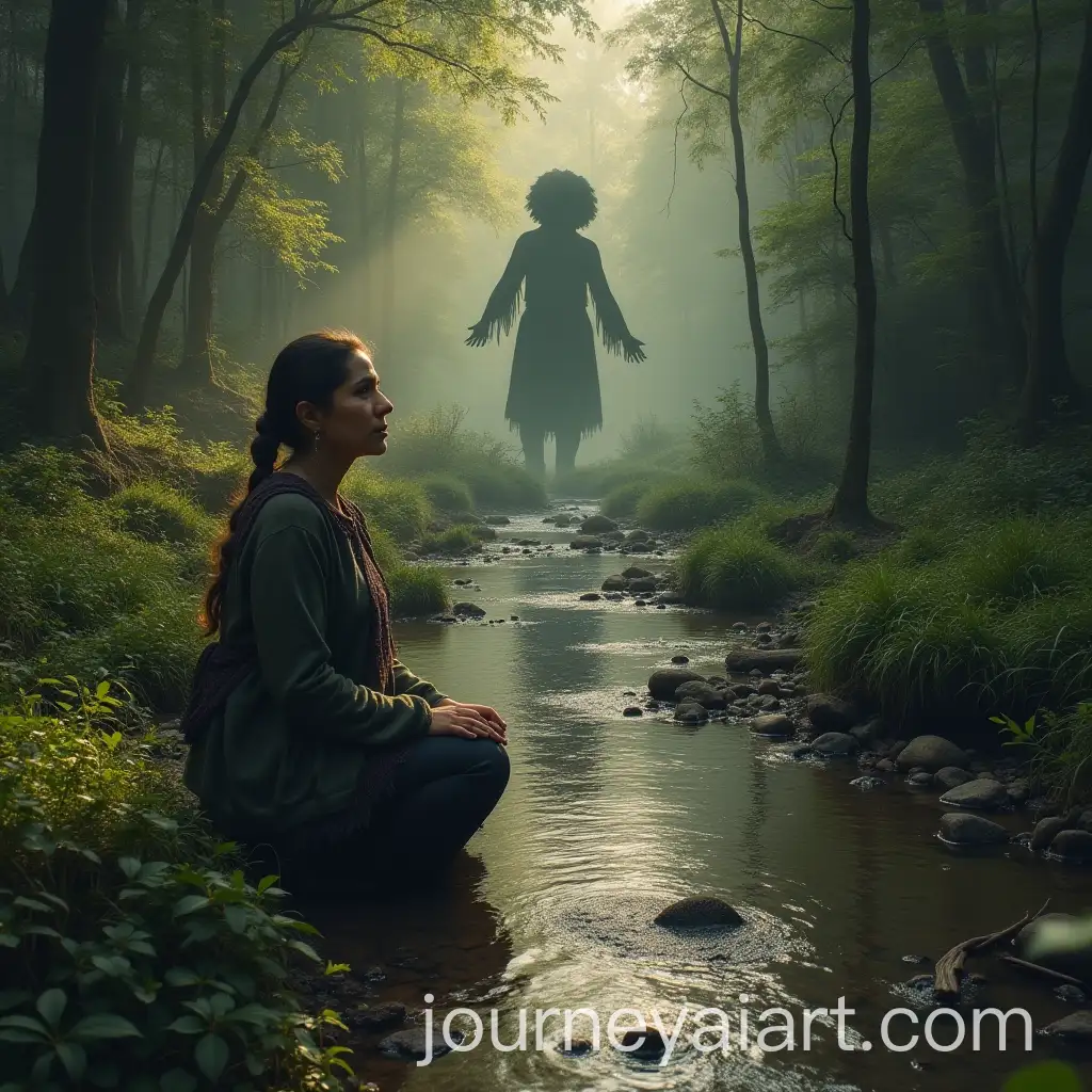 MiddleAged-Mapuche-Woman-Kneeling-by-Stream-in-Native-Forest-with-Supernatural-Presence