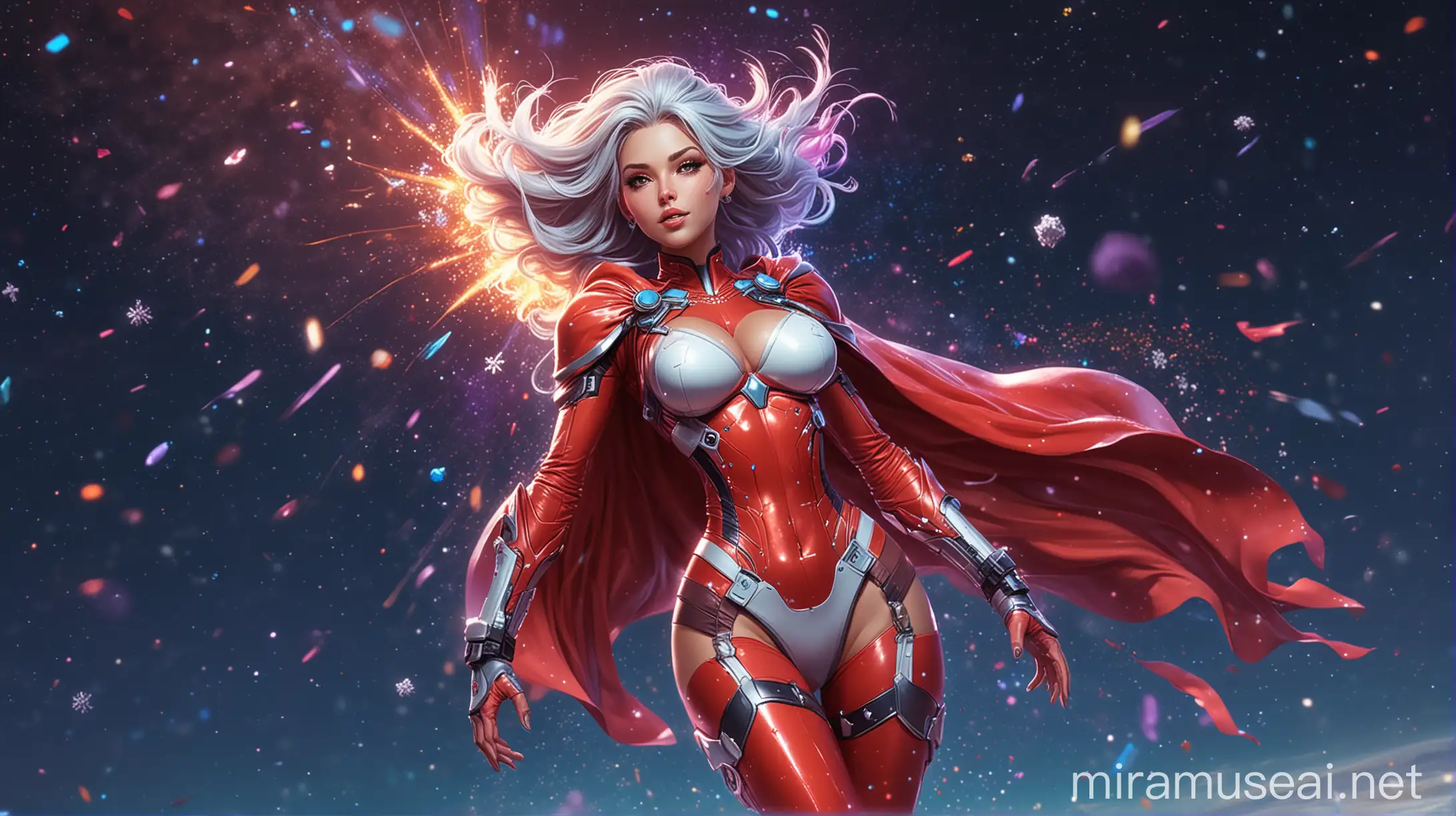 cartoon style, full-length perfect fitness body skinny Santa's girlfriend, very big breast, long wild colorful hairstyle, beauty high cheekbones face, tight futuristic spacesuit with glowing parts and detailed armor, fluttering in the wind long colorful cape, colorful night sky with planetary collision with bright explosion, bright snowflakes