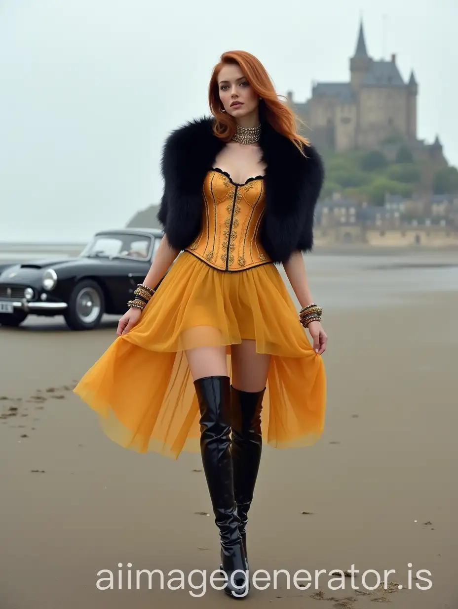 Model-in-Dandy-Style-with-Corset-Tutu-and-HighStiletto-Boots-in-Scottish-Highlands-Landscape