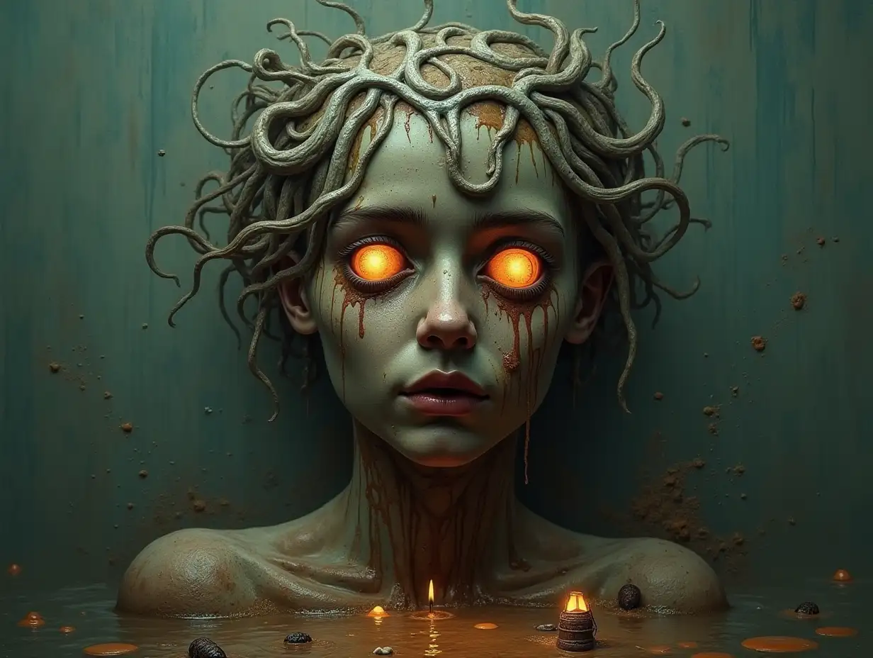 Creating a digital photo of a face with slime hair, that transforms into a building with brown soup and illuminated toilet with rusty iron and a river with floating paint and rusty lanterns and strange eerie creatures