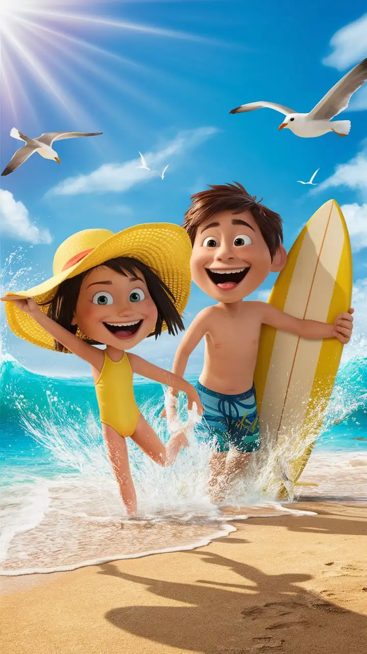 Joyful cartoon illustration, a couple, a girl with a sun hat and a swimsuit, and a boy with swim trunks and a surfboard, splashing playfully in the ocean waves on a sunny beach.  Golden sand, clear blue water, and a bright blue sky.  Seagulls are flying overhead.  Carefree and happy atmosphere, cartoon style, inspired by Pixar animation, vibrant and sunny colors, 8k resolution.