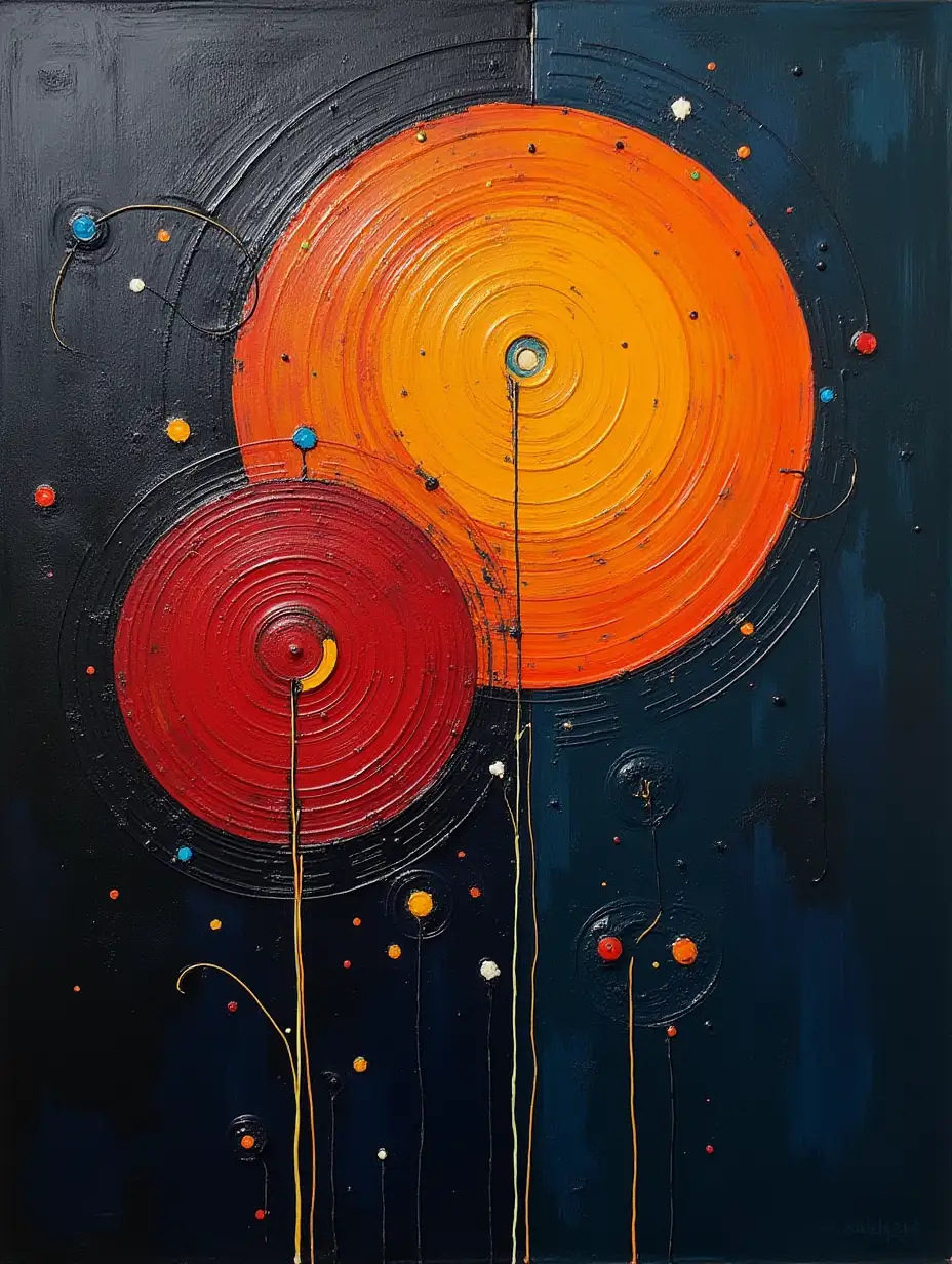 a picture darkly, in the style of Kandinsky and Malevich, minimalism, simplify for a beginner artist with acrylic, multicolored