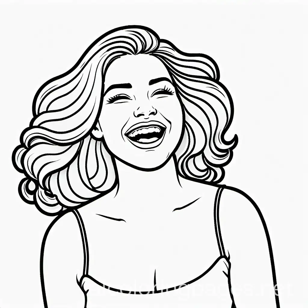 bold and easy woman laughing aesthetic coloring page, Coloring Page, black and white, line art, white background, Simplicity, Ample White Space. The background of the coloring page is plain white to make it easy for young children to color within the lines. The outlines of all the subjects are easy to distinguish, making it simple for kids to color without too much difficulty