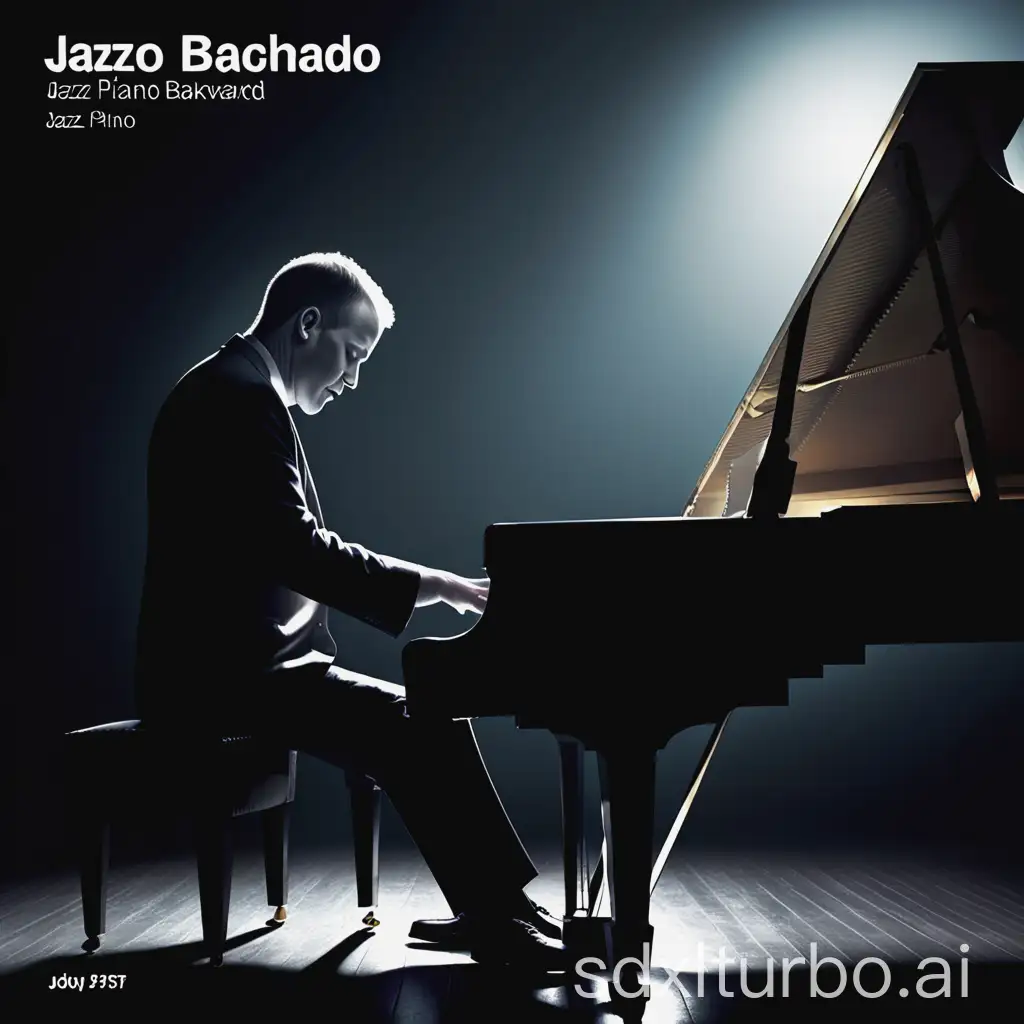 create album cover for a jazz disc with a white man playing the piano backwards, in dark tones