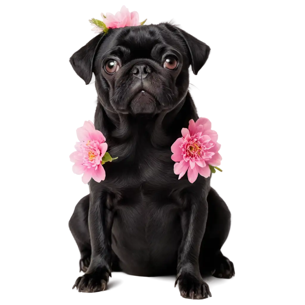 Black-Pug-Dog-with-Pink-Flowers-PNG-Image-Adorable-Pet-with-Floral-Accents