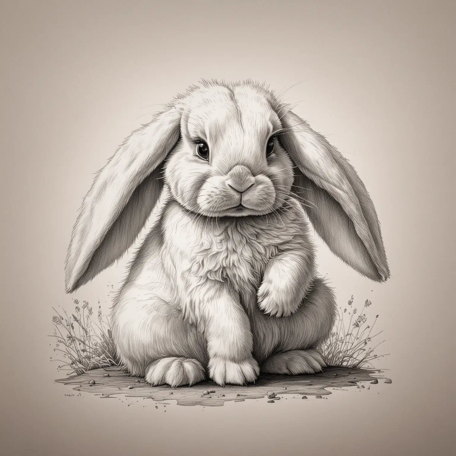 Bashful Bunny Monochrome Pencil and Ink Illustration