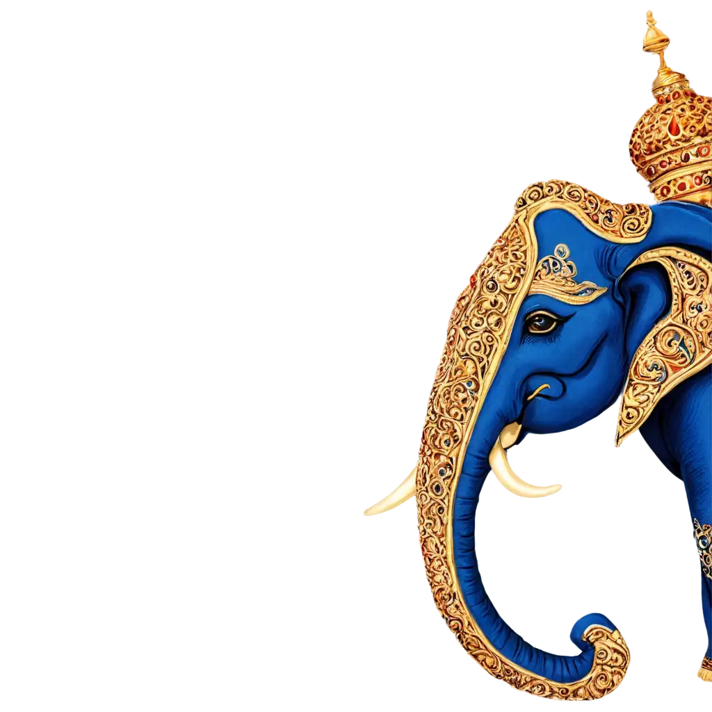 decorated elephant in a traditional Indian art style, with a rich blue body adorned in elaborate golden patterns, intricate jewelry, and vibrant fabrics. The elephant should have detailed ornaments on its ears, tusks, and legs, displaying an elegant and festive appearance