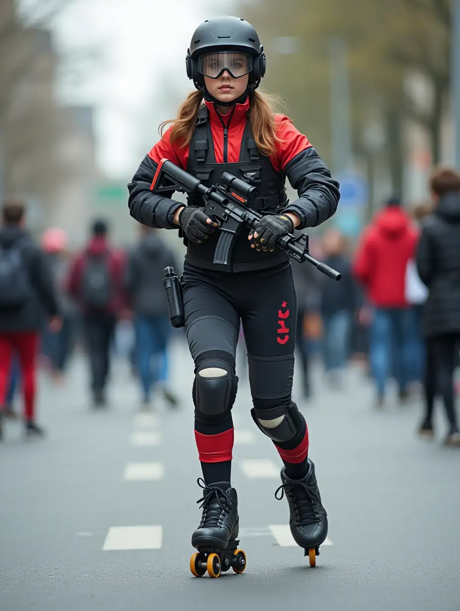 a 17 year old airsoft geared woman at a distance, she is skating on a street, holding a weapon, ordinary people in background, clothes have racing colors, she is wearing lots of functional sportswear, cycling gloves, airsoft helmet with transparent visor over eyes, smartwatch, thick plastic knee pads, modern inline skates with complete organized wheels