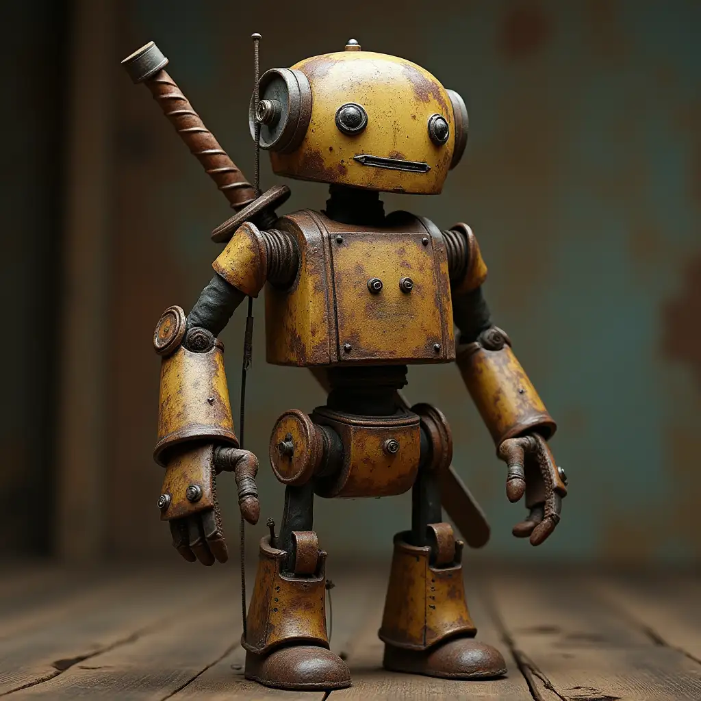 A wooden and slightly metallic automaton, a bit covered in rags, half rusted with a neutral face but inspiring tranquility, under the rust you can see a little gold in the original color, equipped with a two-handed sword tied to its back