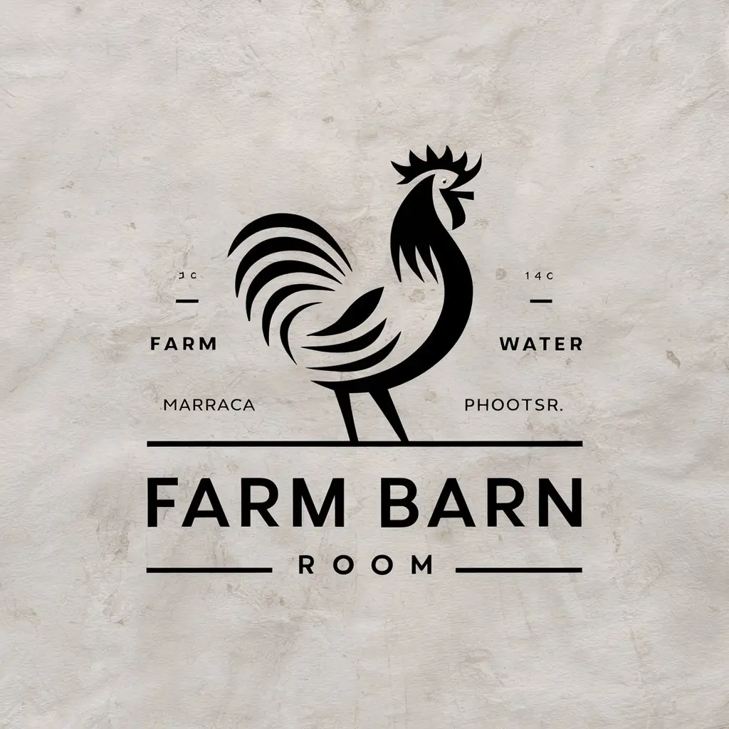 a vector logo design,with the text "Farm Barn Room", main symbol:A sleek black rooster, for water maraca photos,complex,be used in Animals Pets industry,clear background