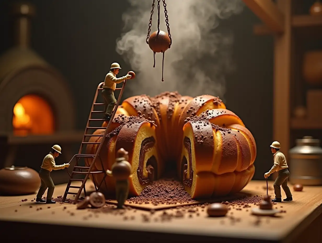 A tiny world workers are assembling a giant crosan, using ladders to place chocolate, cranes lifting Nutella , a wood-fired oven steaming in the background, ultra-detailed, hyper-realistic textures, cinematic lighting, cozy french vibes.