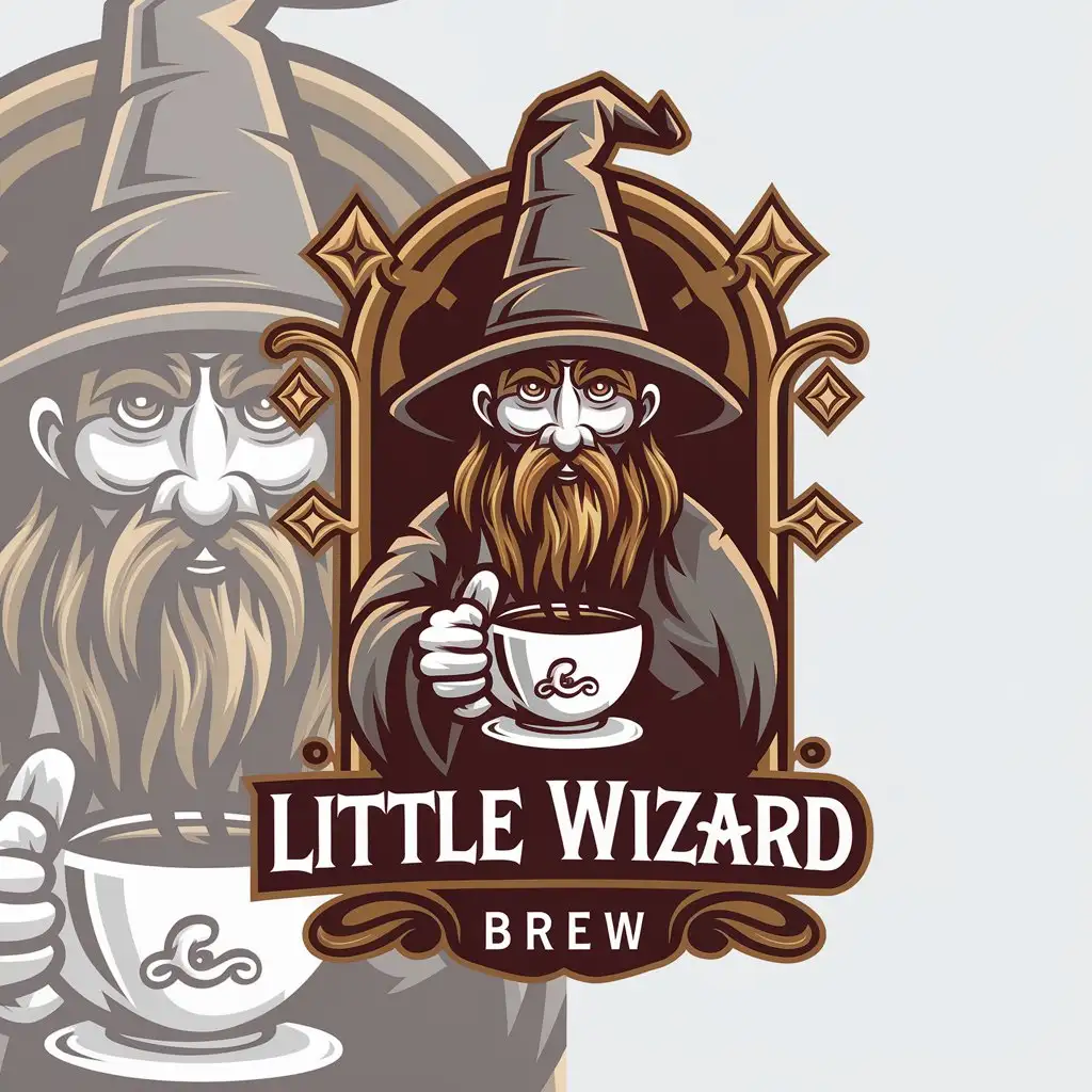 LOGO Design for Little Wizard Brew Mystical Wizard with Coffee Cup for Restaurant Industry