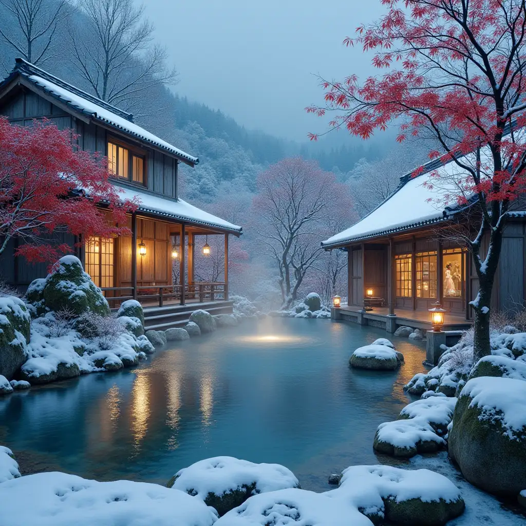 Japanese Ryokan-style winter hot spring scenery: Central Scenery: - a snowy hot spring village - a steamy open-air hot spring - traditional Japanese wooden buildings Natural elements: - a snow-covered bamboo grove - red maple and pine trees - a cascading stream of hot spring water Architectural elements: - white snow on the tiled roof - a lantern-lit stone staircase - a wooden bath shield - a traditional Japanese garden Atmosphere: - the subtle lighting of the evening - white seaweed rising from the hot spring - the stillness of the snowflakes falling slowly Color: - Casting color: white of snow, warm brown of wood - Point: Warm yellow light in the lantern - Background: navy blue in the dark sky Style: - traditional Japanese style - a soft touch like a watercolor - a foggy, dreamy effect